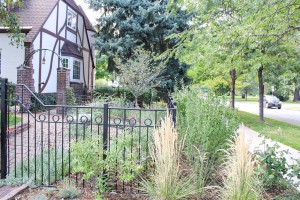 Metal fencing, three-rail wrought iron fence with cap rail and 3-inch rings