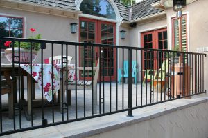 Metal fencing, two-rail modern square steel design with decorative square detail