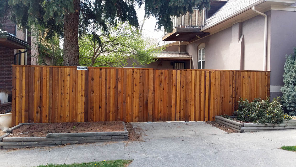 Vertical cedar privacy fence, simple cap 
