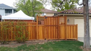 Vertical wood privacy fence with gate and gate side lites.